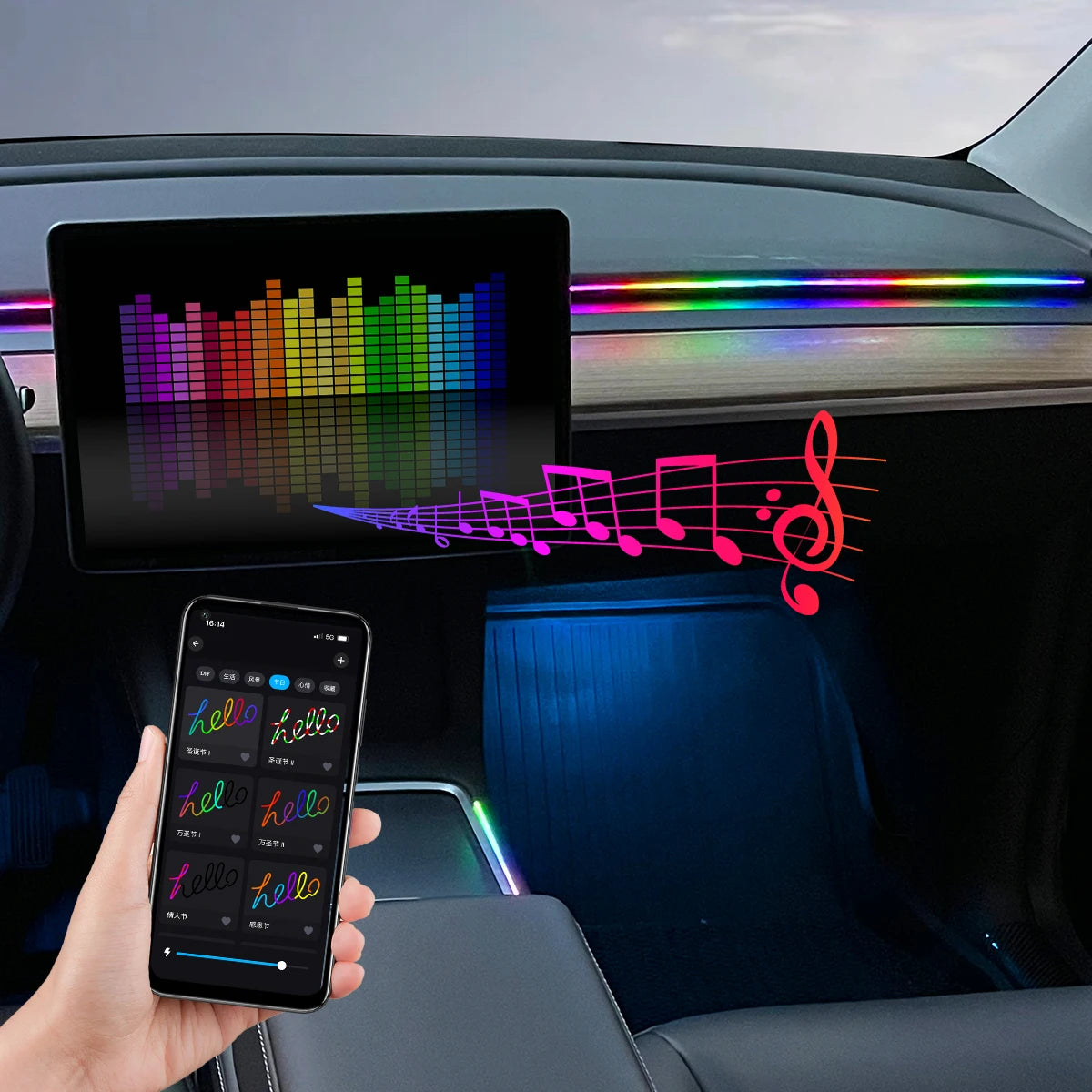 CarzHive RGB Car Ambient 
Light Kit — 64 Colors, App 
Control + Music Sync