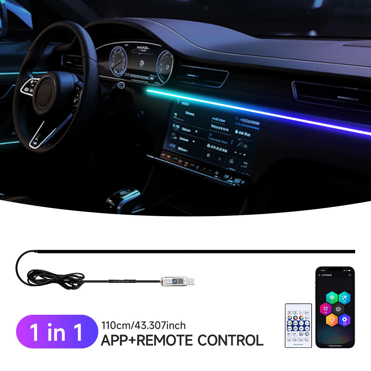 CarzHive RGB Car Ambient 
Light Kit — 64 Colors, App 
Control + Music Sync